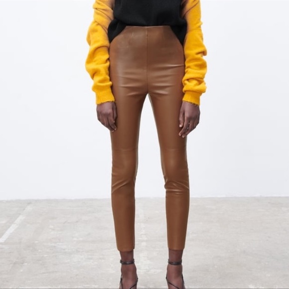 Zara Brown High-Waisted Faux Leather Leggings - Picture 7 of 12